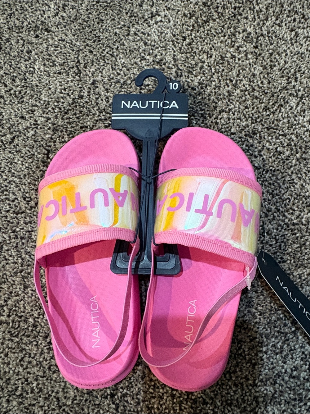 Nautica Girls Bright Pink Slide Sandals with Multi-Color Logo Strap